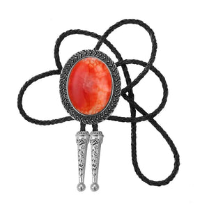 Bolo tie med stor oval sten och handflätad läderrem Orange