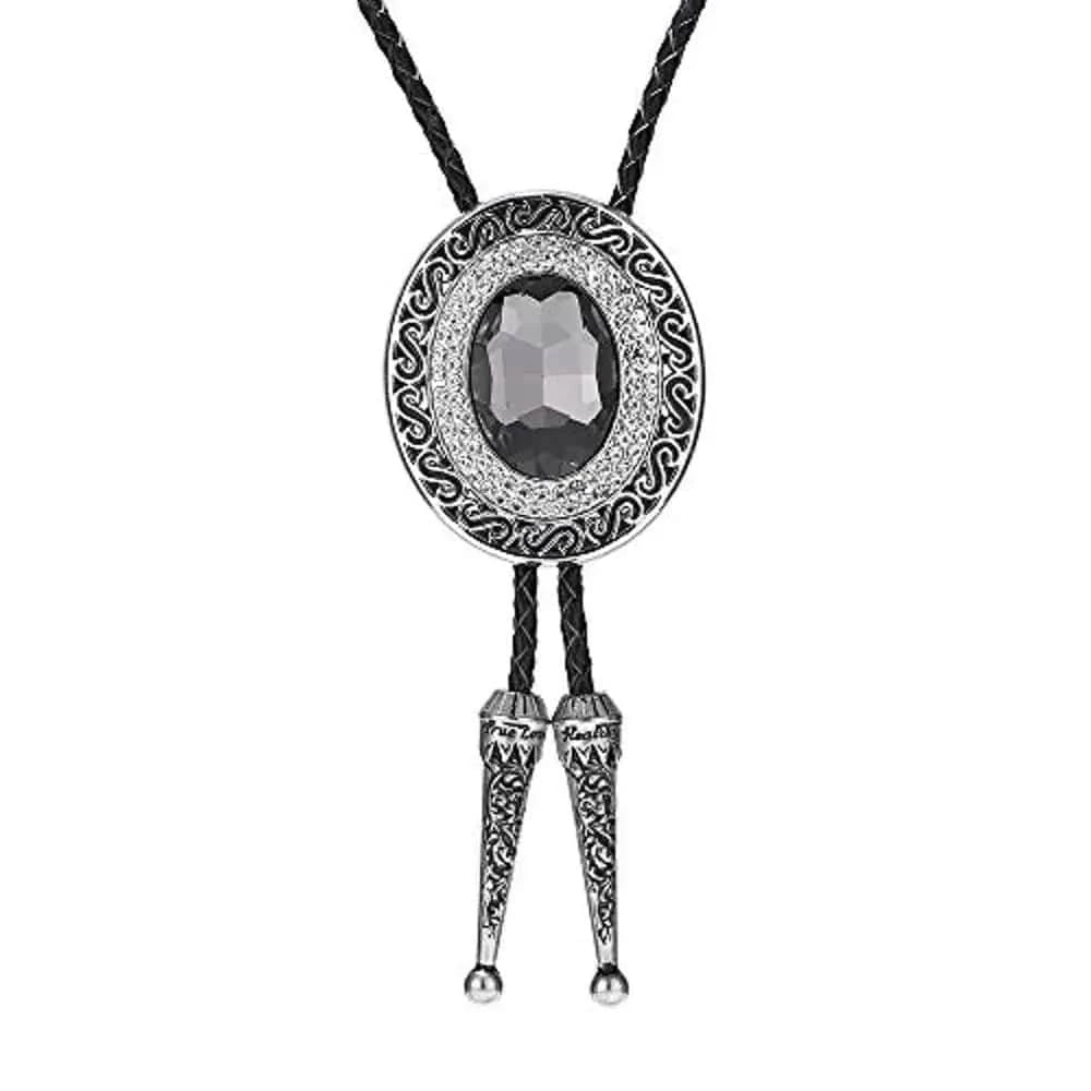 Bolo tie rund med blå rhinestone och flätad läderrem