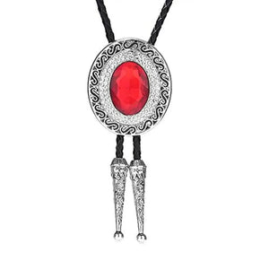 Bolo tie rund med blå rhinestone och flätad läderrem Röd
