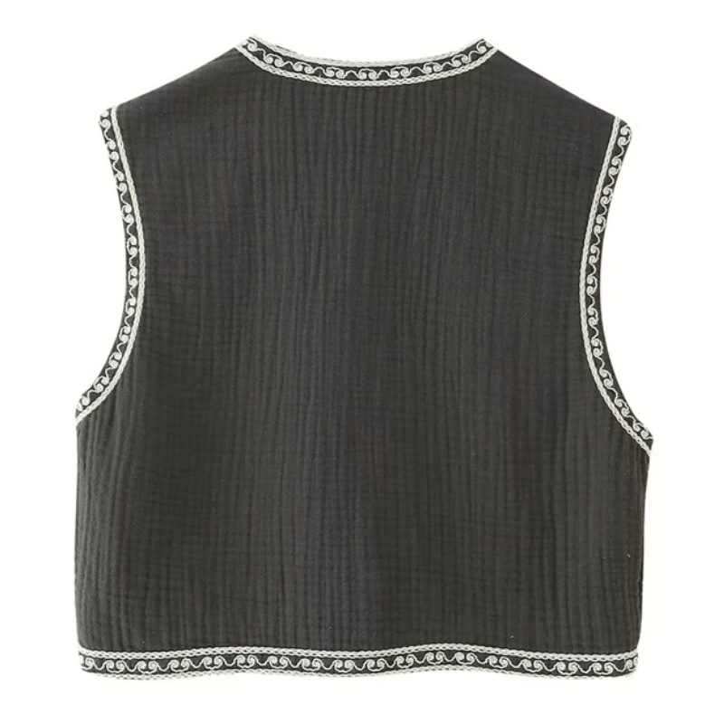 Broderad Dam Väst med Blommönster Svartvit Vintage Crop