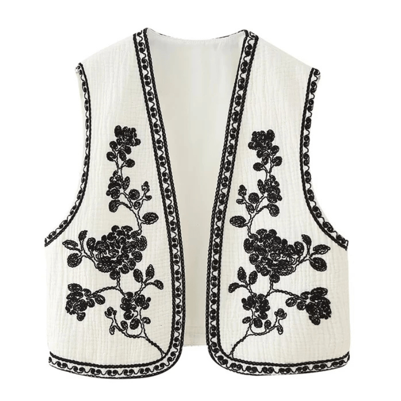 Broderad Dam Väst med Blommönster Svartvit Vintage Crop