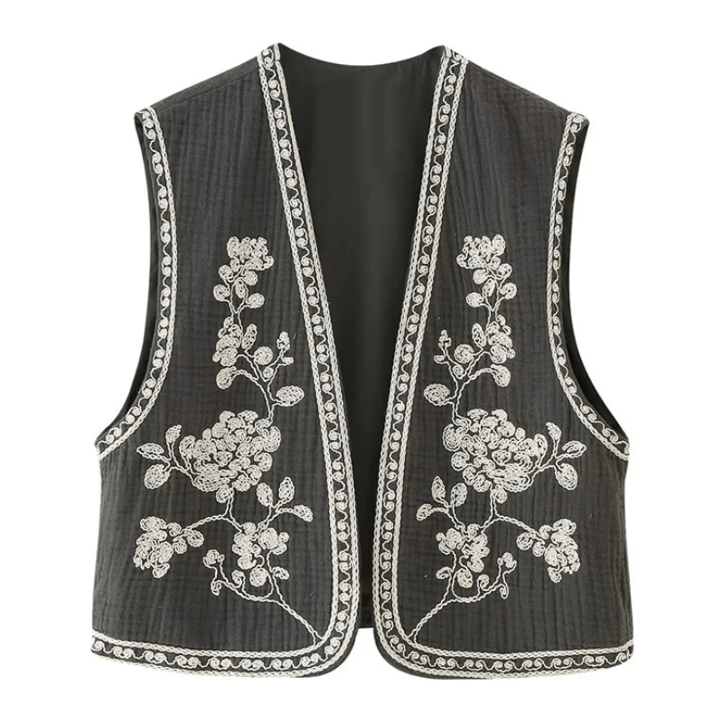 Broderad Dam Väst med Blommönster Svartvit Vintage Crop