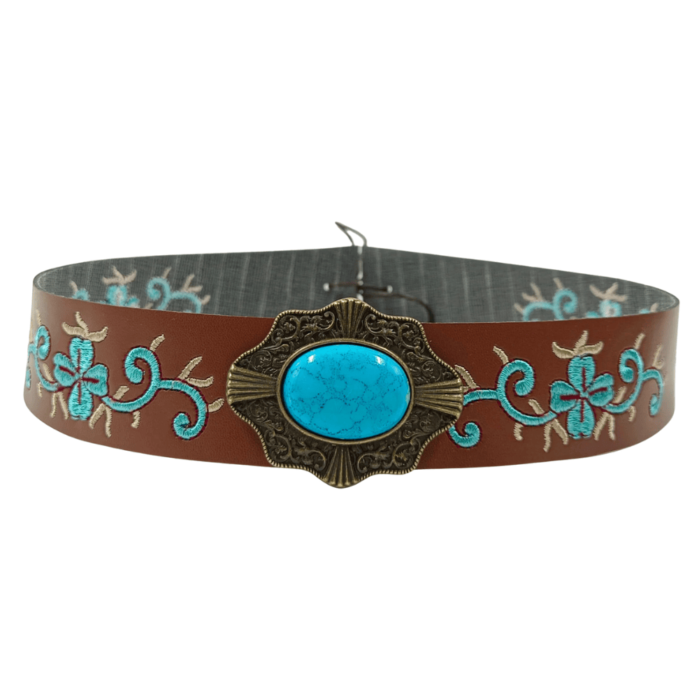 Broderat westernhattband med stor turkossten