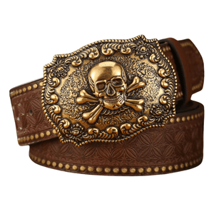 Brunt cowboyläderbälte Dödskalle / 120cm