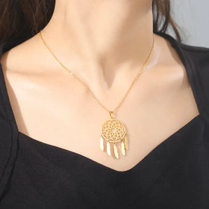 Cazador Hollow Dreamcatcher Feather Pendant Necklaces for Women Stainless Steel Jewelry Choker Necklaces 2025 Birthday Gift
