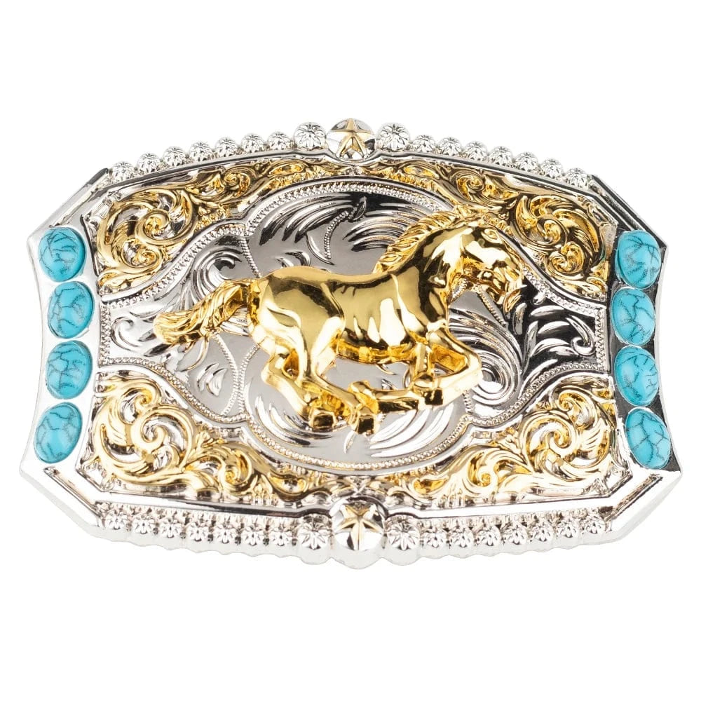 Cowboy-bältespänne med häst i guld och turkoser Häst