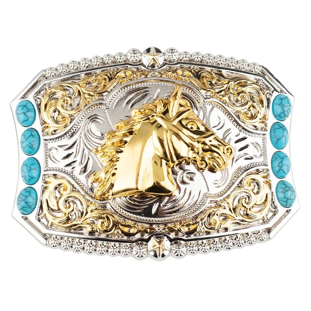 Cowboy-bältespänne med häst i guld och turkoser