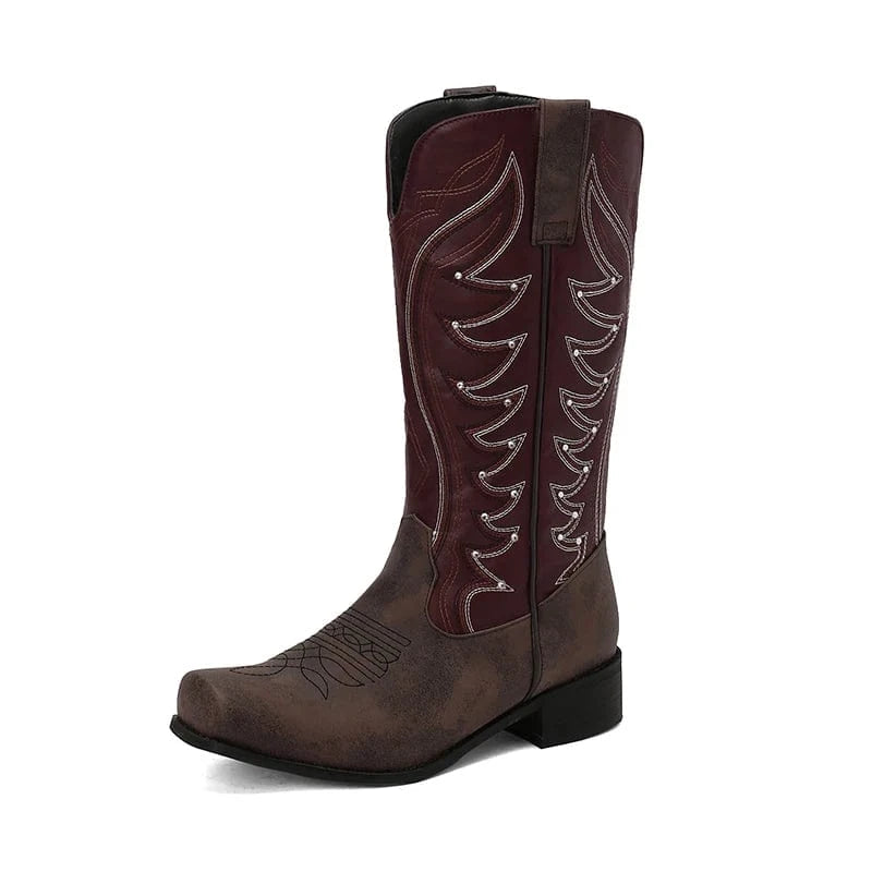 Tvåfärgade Höga Cowboyboots med Fyrkantig Tå för Dam
