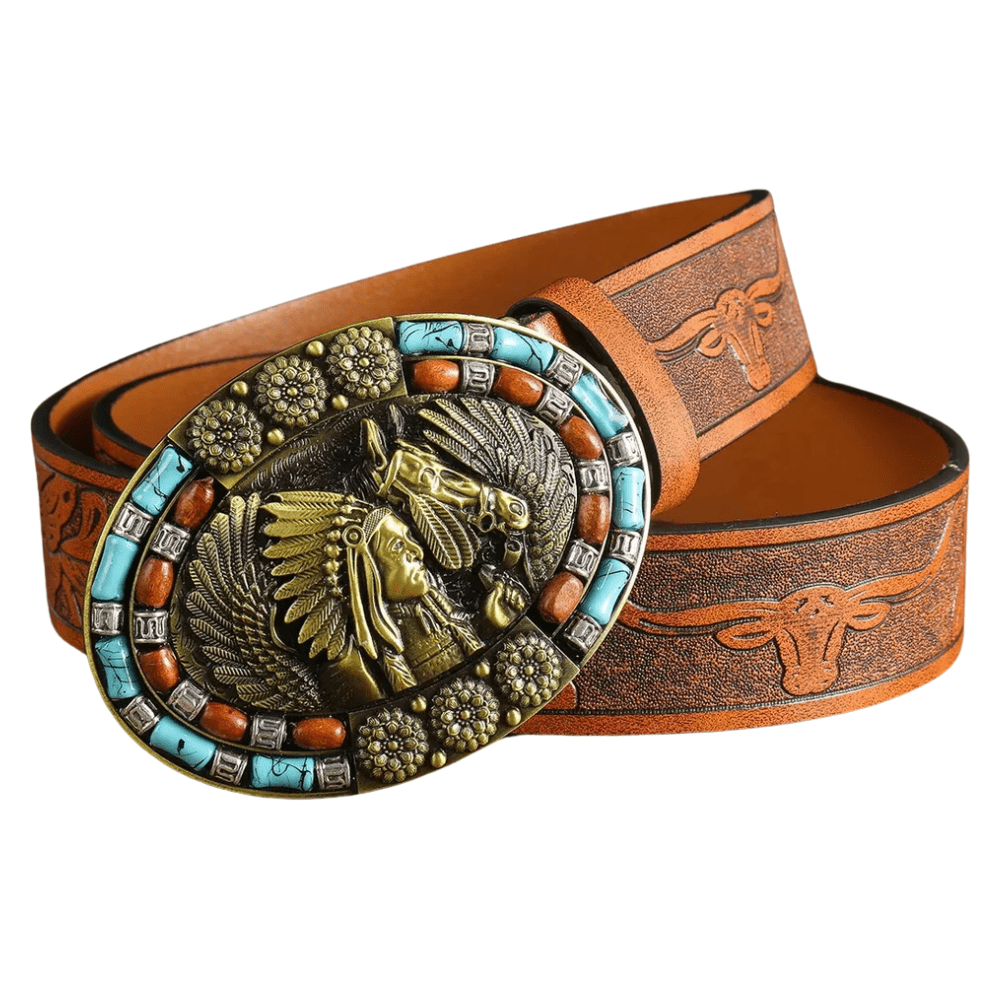 Cowboybälte i bohemisk stil med turkosa detaljer och snidade blommönster Brun / 110cm
