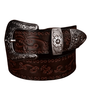 Cowboybälte i Präglat Läder med Tjockt Stålspänne Mörkbrun / 100cm