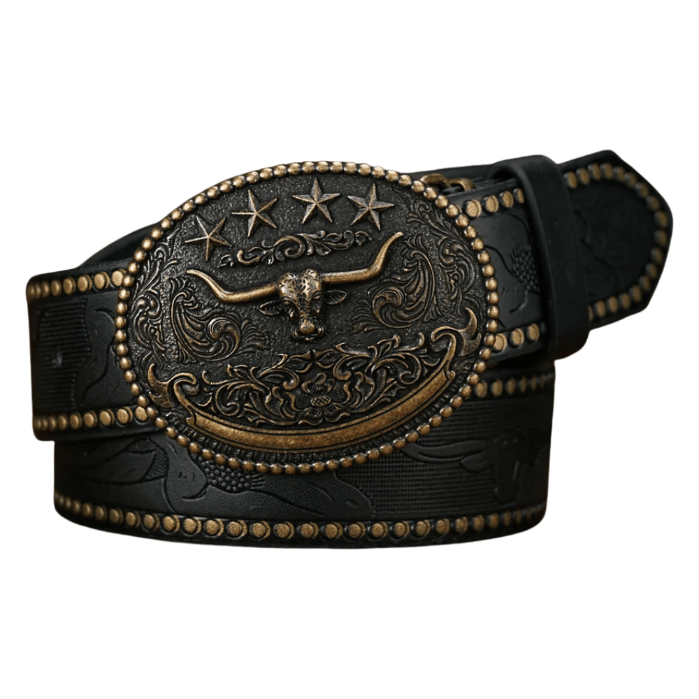 Cowboybälte med antikt longhornspänne Svart / 120cm