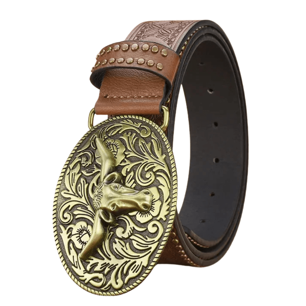 Cowboybälte med Präglad Nöthuvud-Spänne och Nitar Brun / 105cm