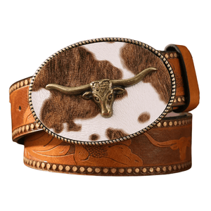 Cowboybälte med spänne i kohudsmönster Ljudbrun guld / 120cm