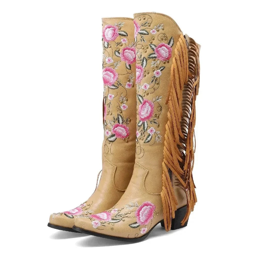 Cowboyboots med blombroderi och fransar