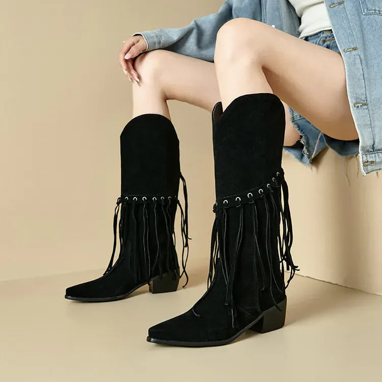 Cowboyboots med fransar i mjuk mockalook