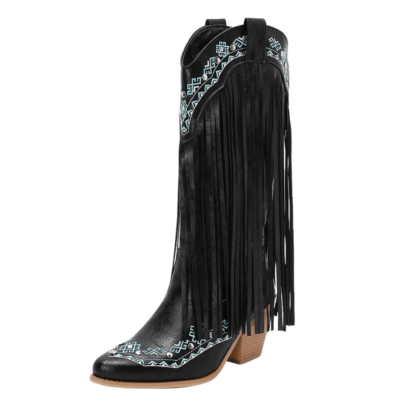 Cowboyboots med tofsar och broderad vintageinspirerad design Svart / 35