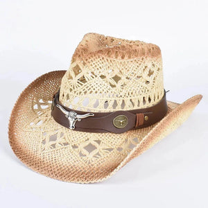 Cowboyhatt i flätad halm med tjurdetalj Beige-kaffe / Ungefär 58cm