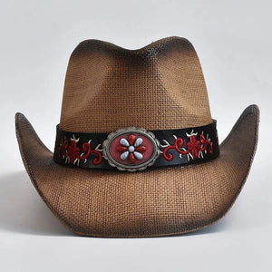Cowboyhatt i halm med broderat bälte