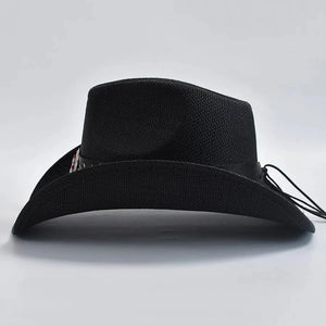 Cowboyhatt i halm med broderat bälte