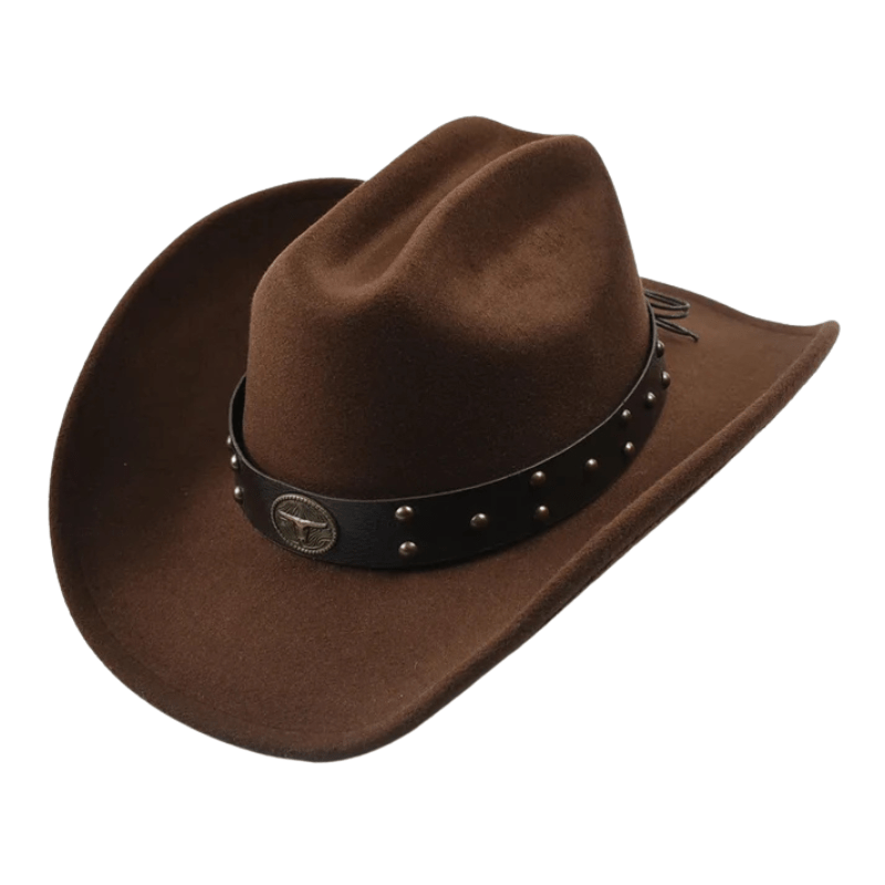 Cowboyhatt i mjuk filt med läderband och nitar