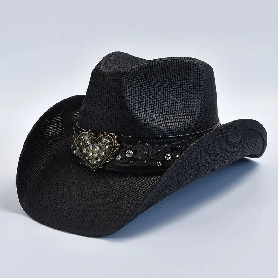 Cowboyhatt i svart flätad halmlook med hjärtspänne