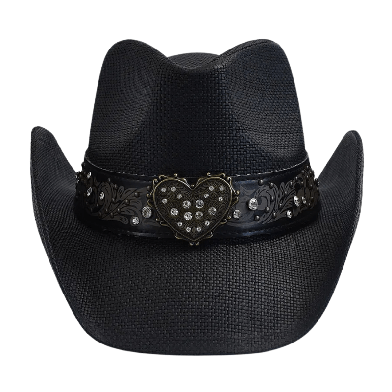 Cowboyhatt i svart flätad halmlook med hjärtspänne