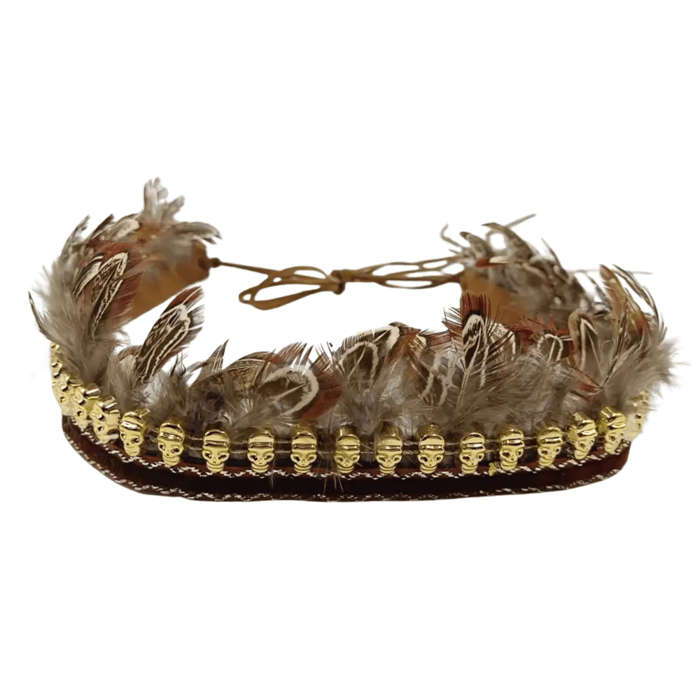 Cowboyhattband med fjädrar och gyllene dödskallar