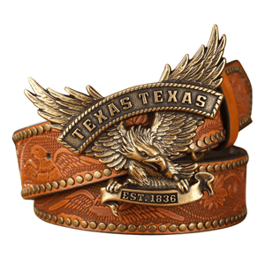 Cowboyläderbälte med Texas örnspänne Kamel guld / 120cm