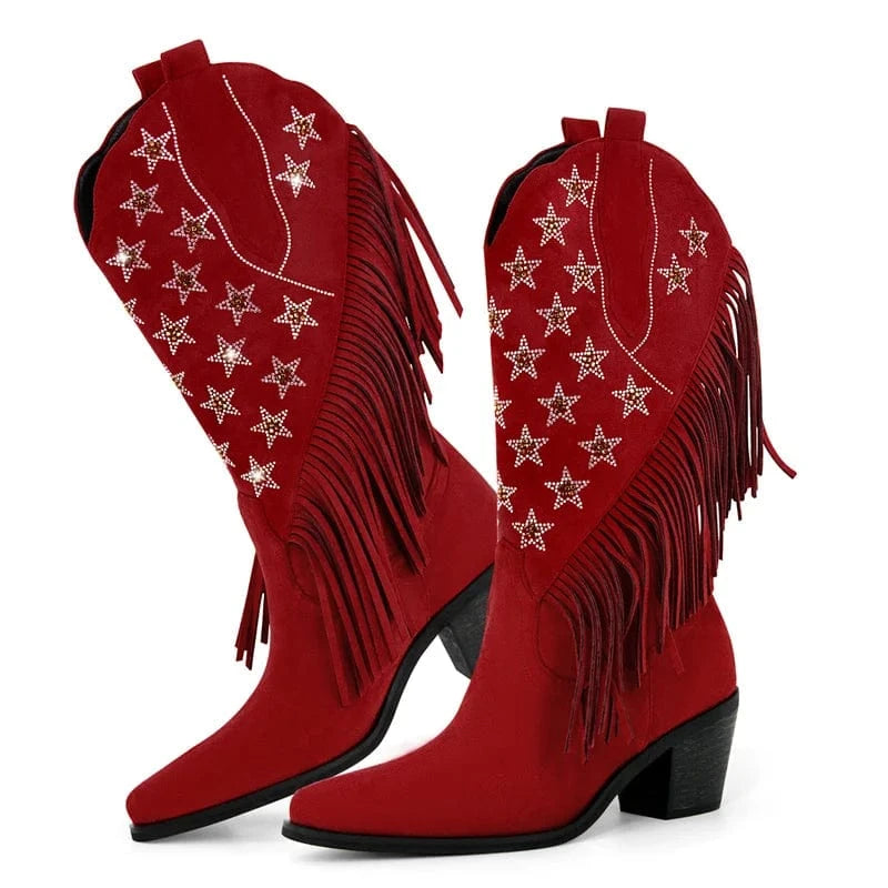 Cowgirl Boots med Amerikansk Flagga och Fransar