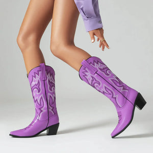 Cowgirl Boots med Broderad Westernstil och Spetsig Tå