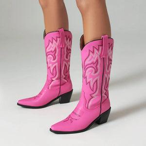 Cowgirl Boots med Broderad Westernstil och Spetsig Tå