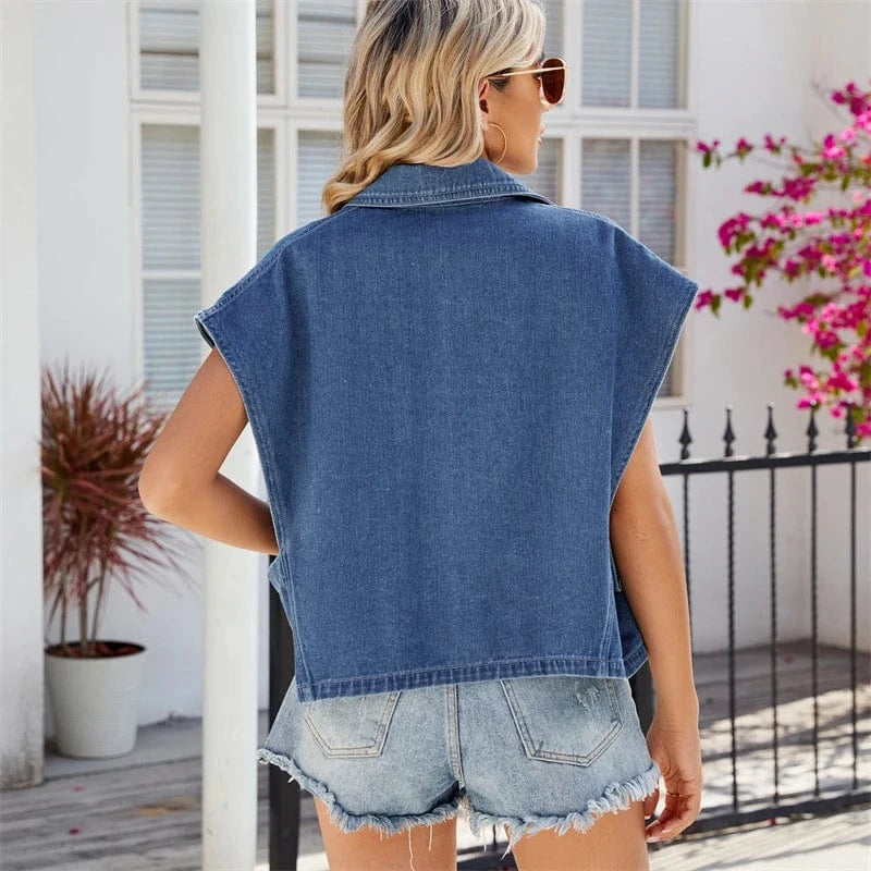 Denimväst med Kostymkrage och Dubbelknäppning