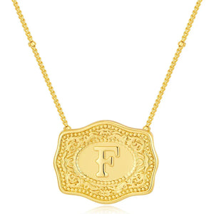 Embossed Belt Buckle Pendant Necklace for Men Punk Jewelry Gold Color A-Z Initial Letter Necklaces Women Western Jewelry Gift F / Silver / CHINA