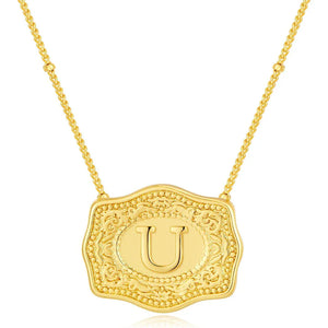 Embossed Belt Buckle Pendant Necklace for Men Punk Jewelry Gold Color A-Z Initial Letter Necklaces Women Western Jewelry Gift U / Silver / CHINA