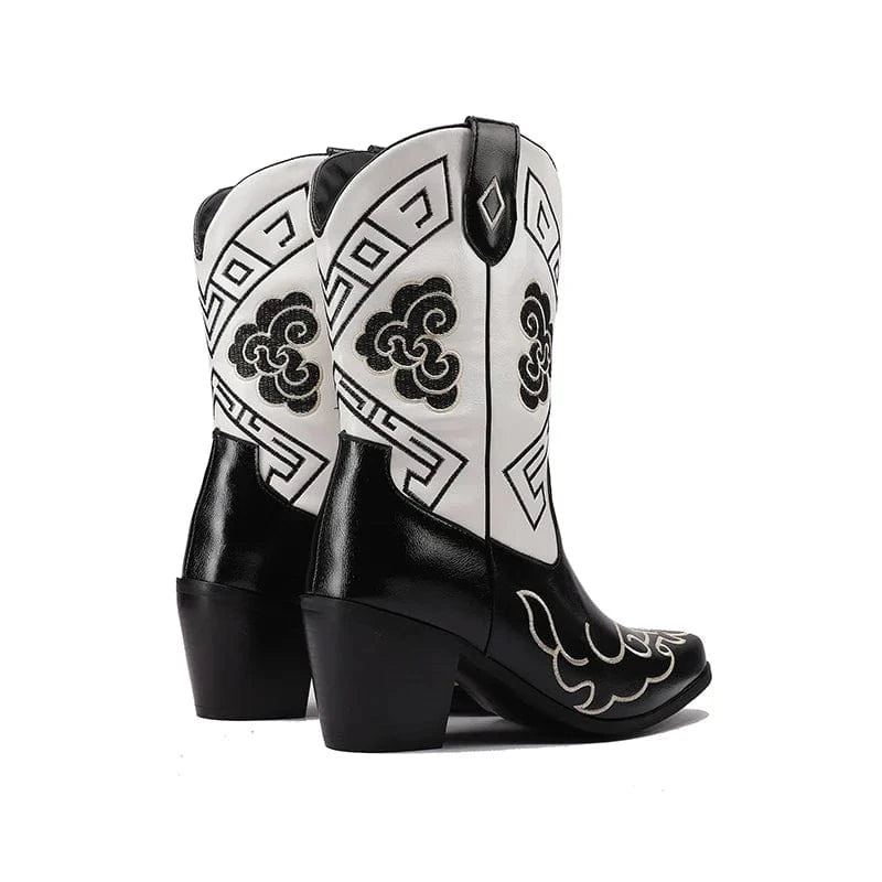 Svartvita Låga Cowboyboots med Grafiskt Broderi för Dam