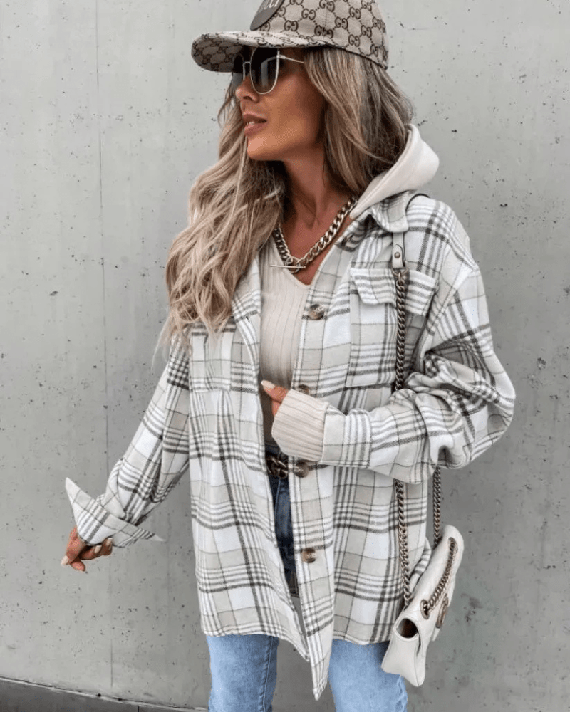 Fodrad rutig hoodie-skjorta dam Vit / S