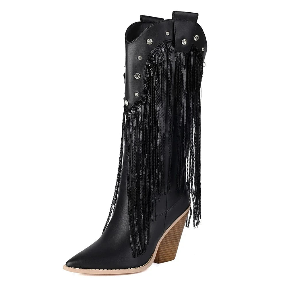 Fransiga Cowboyboots i Glansig Läderlook med Kilklack Svart / 35