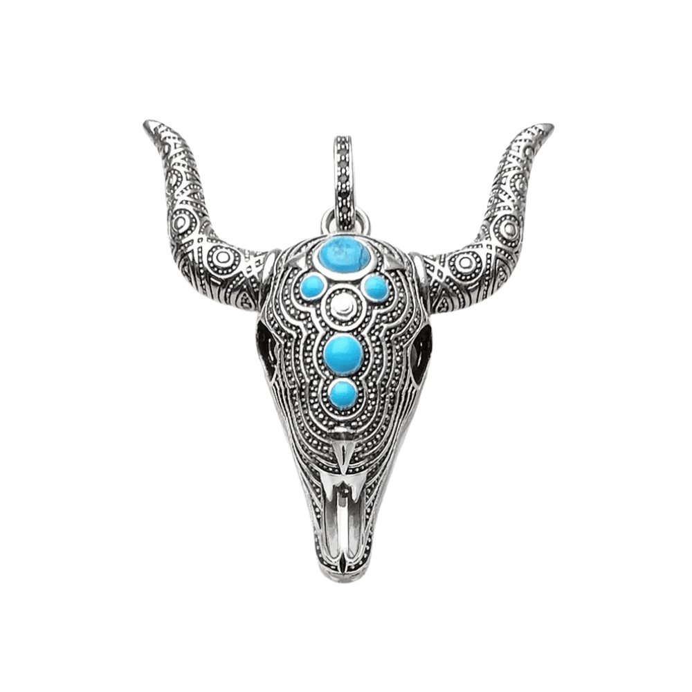 Halsbandshänge med tjurkranium i silver och turkos