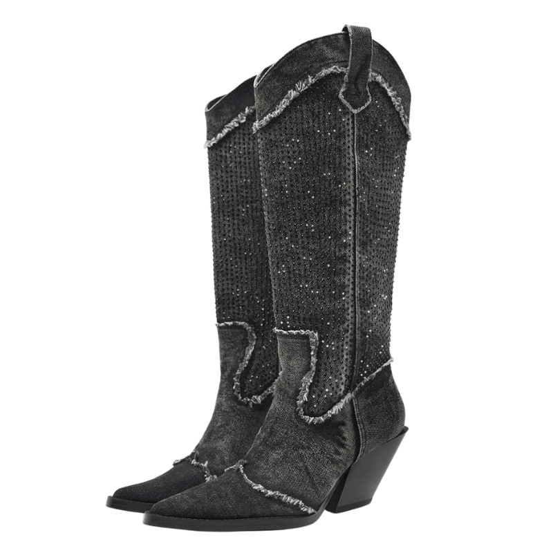 Höga Cowboyboots i Denim med Strass