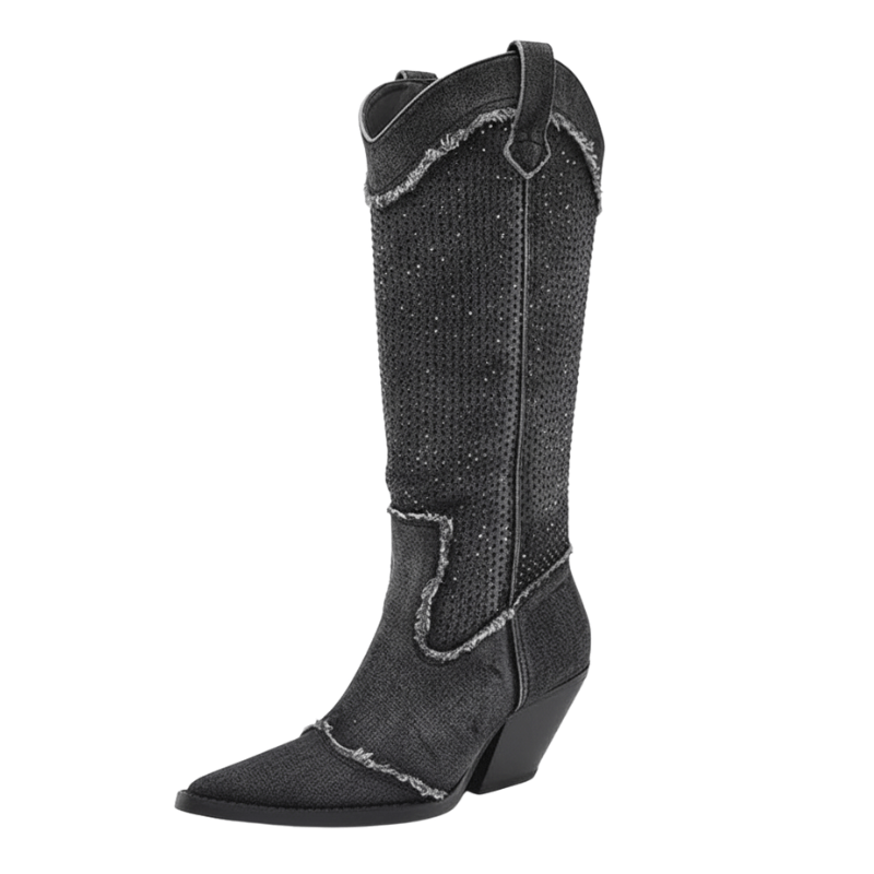Höga Cowboyboots i Denim med Strass