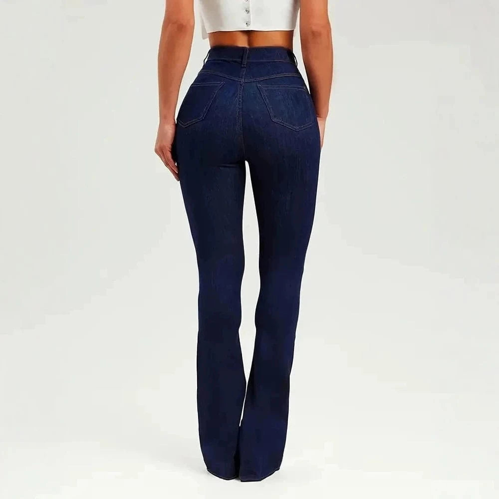 Högmidjade mörkblå flare jeans