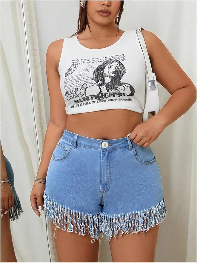 Jeansshorts med fransar för kurviga