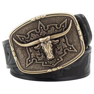 Läderbälte western longhornspänne Brons Svart / 95cm