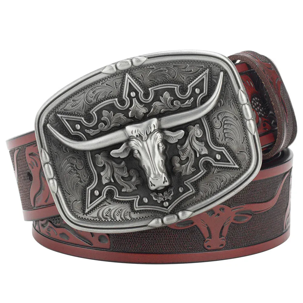 Läderbälte western longhornspänne Silver Rödbrun / 95cm