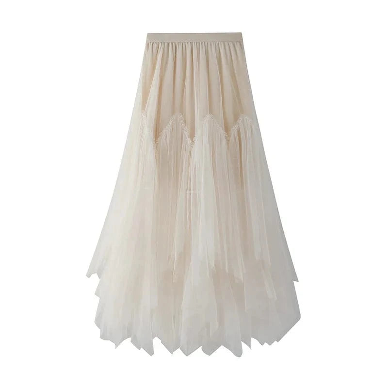 Lång asymmetrisk tyllkjol Beige / One Size