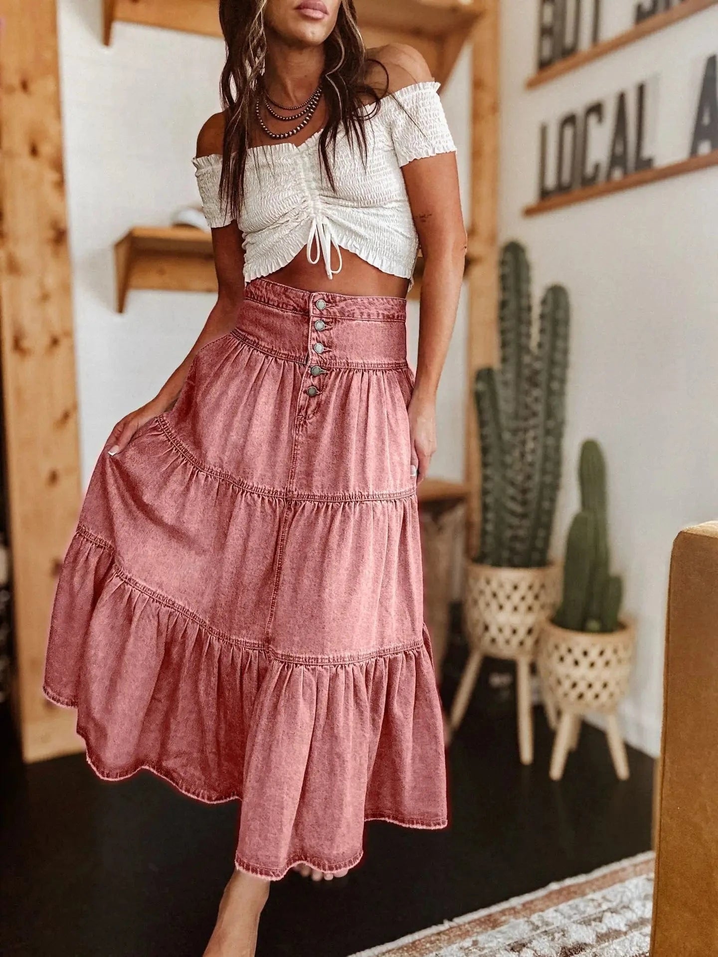 Lång jeanskjol dam Rosa / S