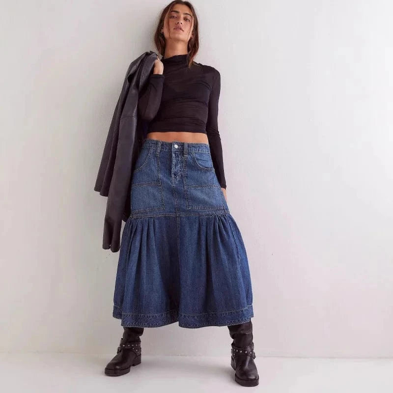 Lång jeanskjol med volang Mörkblå / M