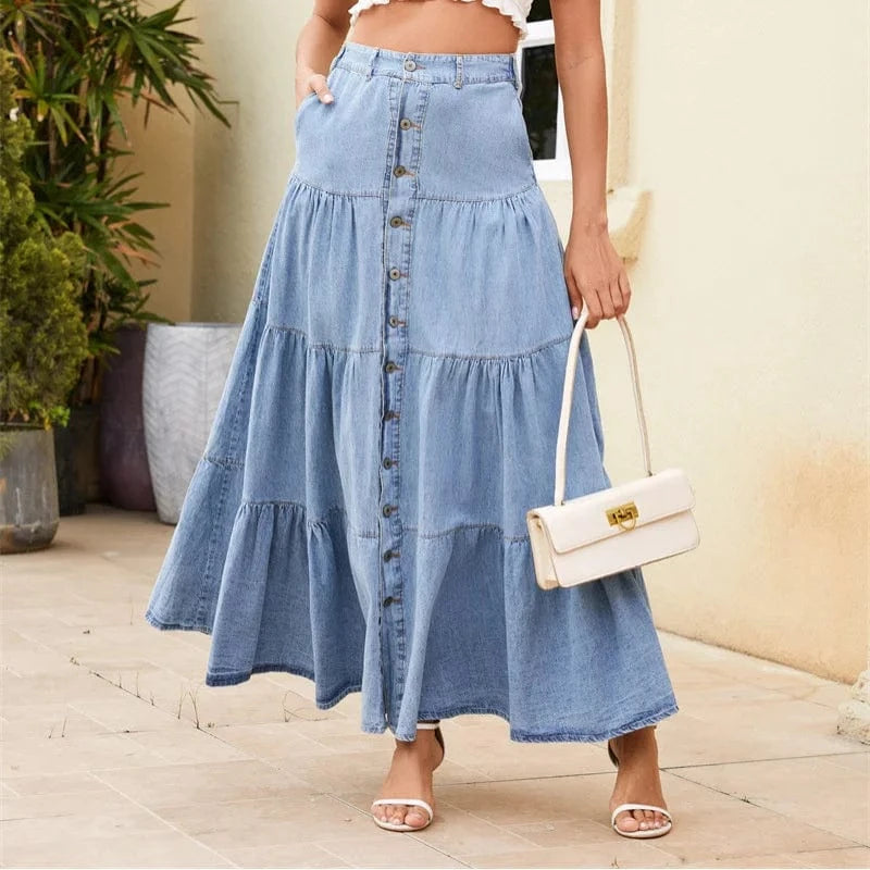 Lång jeanskjol med volanger och knappar