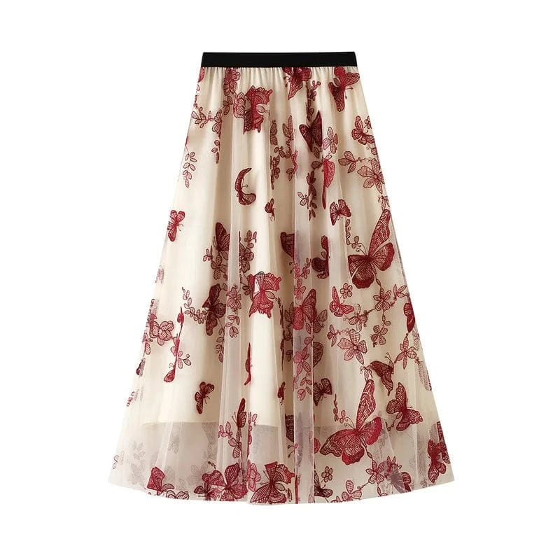 Lång tyllkjol med broderade fjärilar Röd / One size