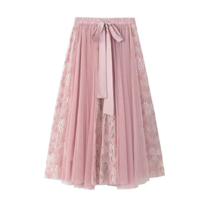 Lång tyllkjol med spets och knytband Rosa / One Size